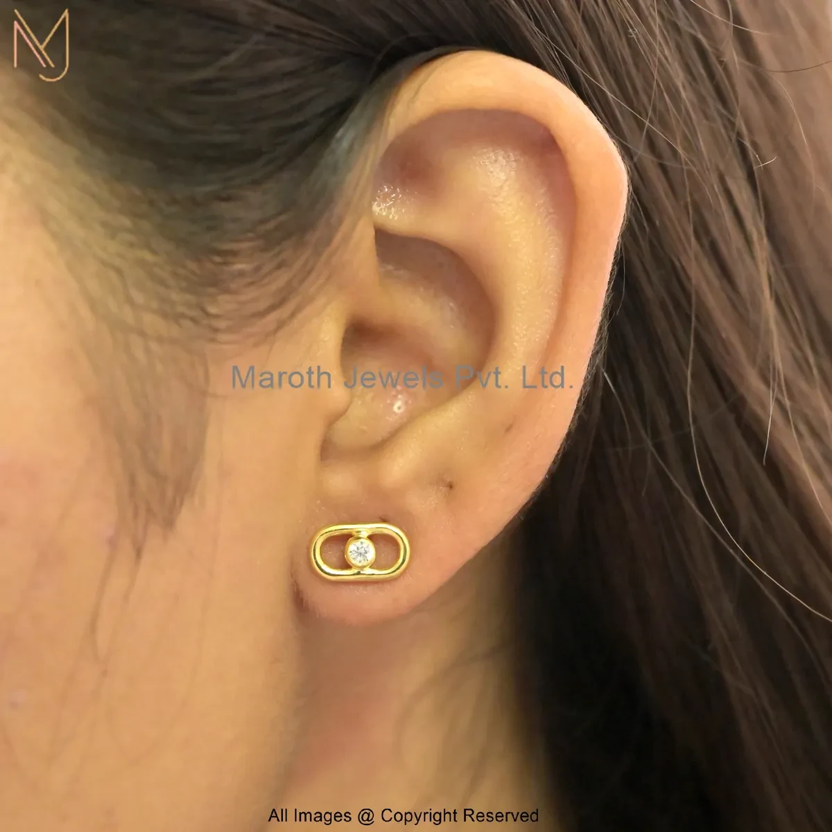 925 Silver Yellow Gold Plated Carabiner Diamond Stud Earring Custom Jewelry