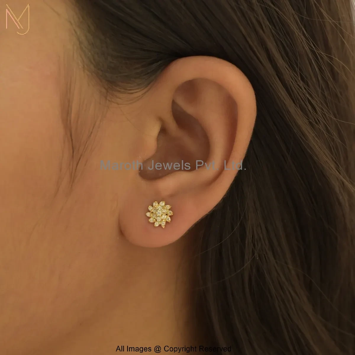 14K Yellow Gold Diamond Cubic Zircon Flower Stud Earring Custom Jewelry