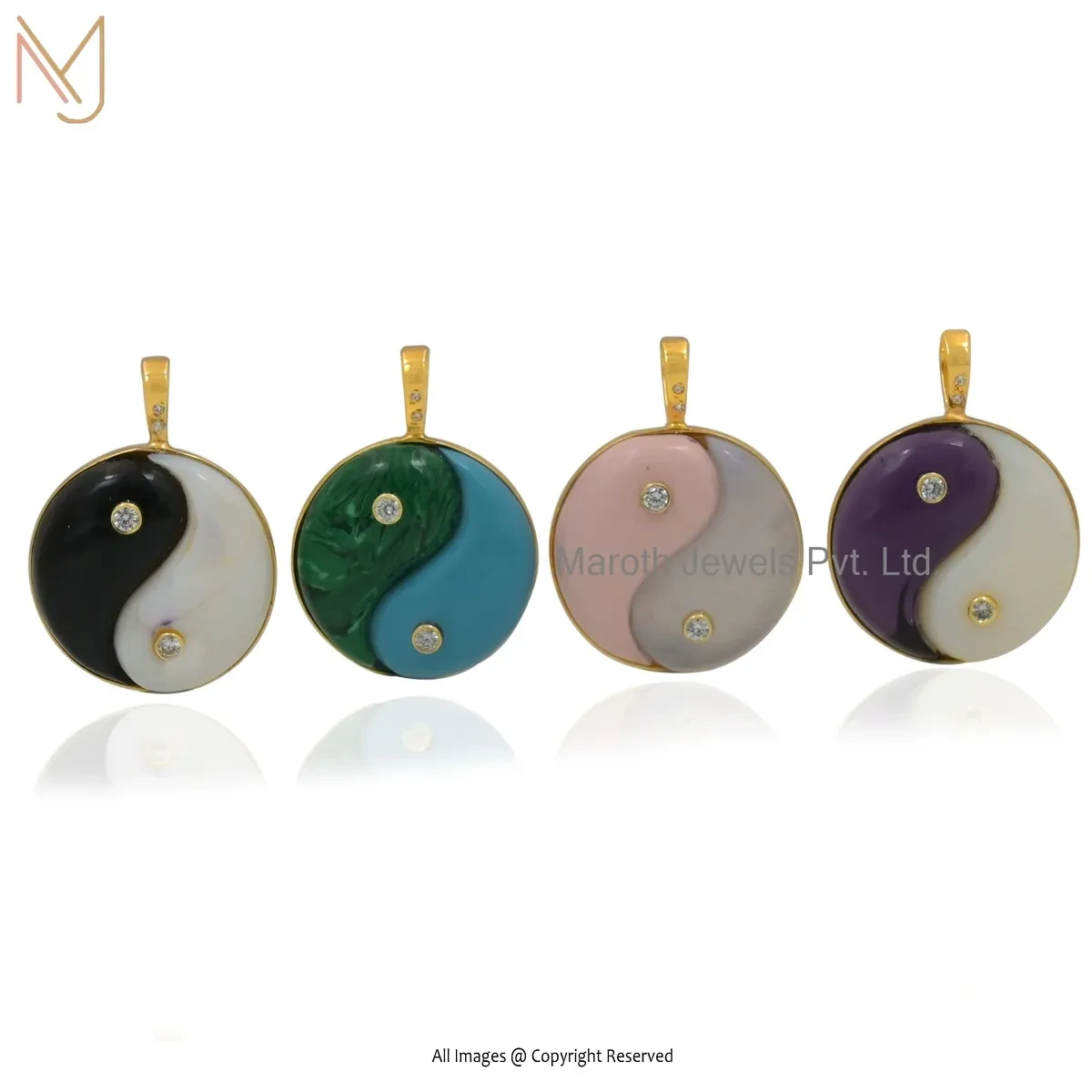 925 Silver Yellow Gold Plated Cubic Zircon & Malachite And Black Onyx Yin Yang Pendant USA
