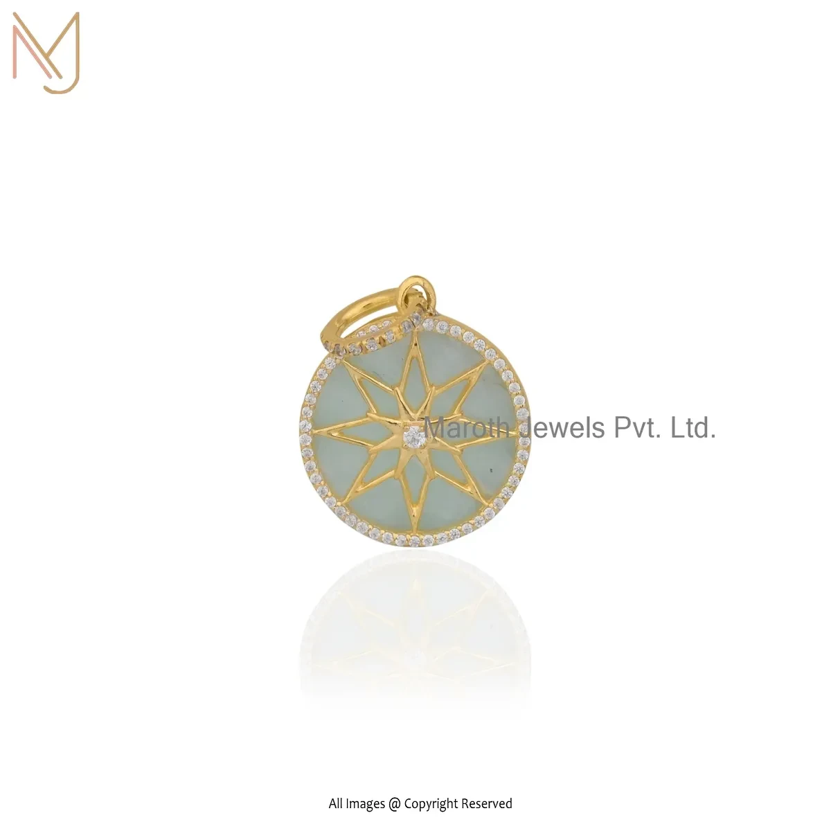 Wholesale 925 Silver Yellow Gold Plated Cubic Zircon & Amazonite Gemstone Disc Star Pendant