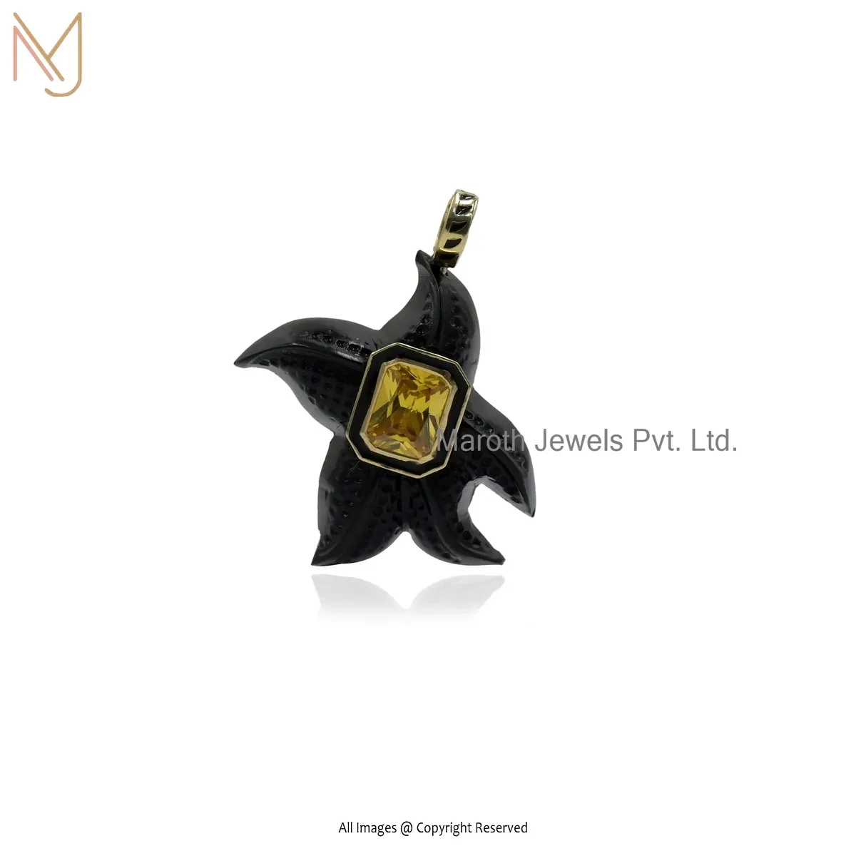 925 Silver Yellow Gold Plated Yellow Topaz & Black Onyx And Black Enamel Starfish Charm Pendant USA