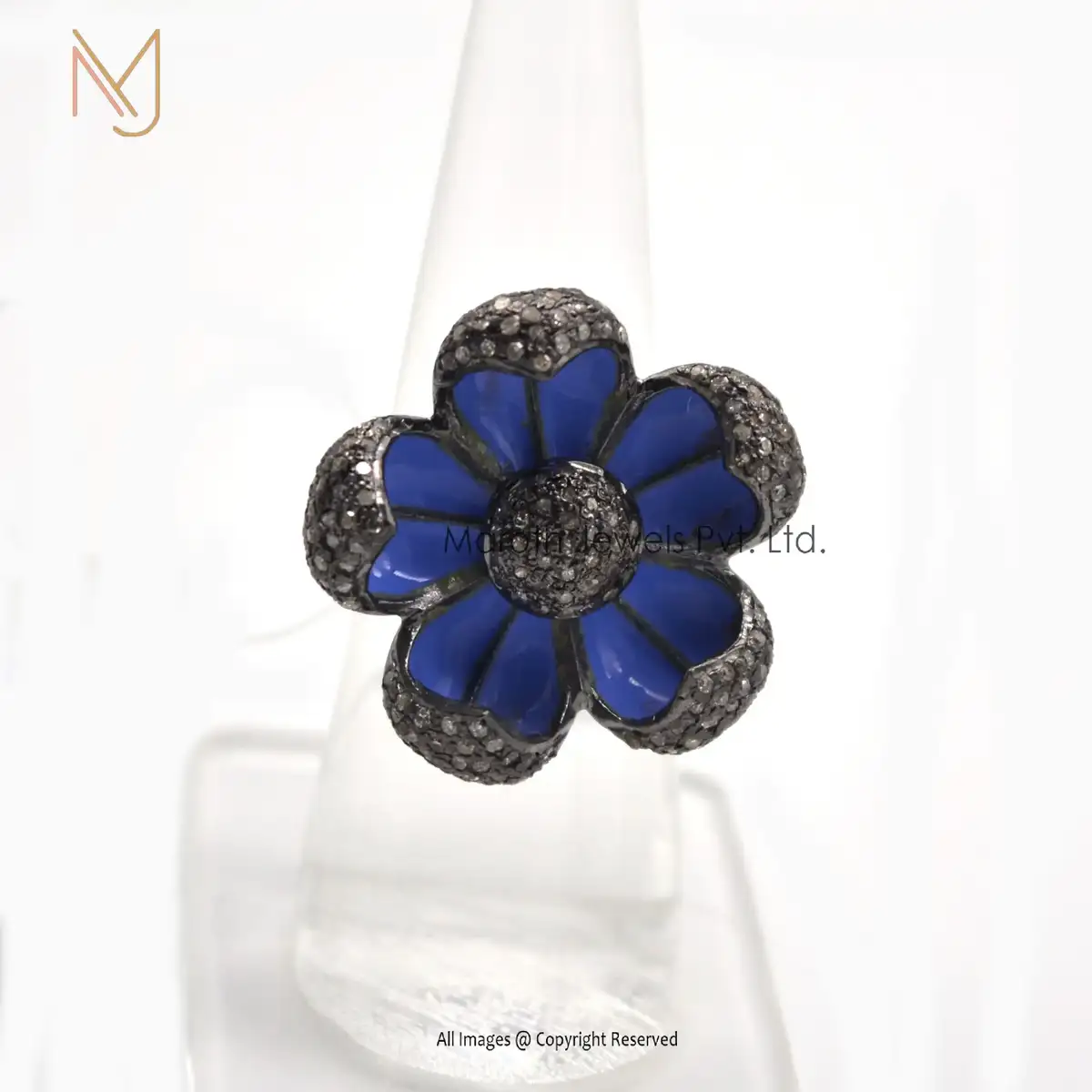 925 Silver Rhodium Plated Pave Diamond Blue Enemal Ring Jewelry Manufacturer