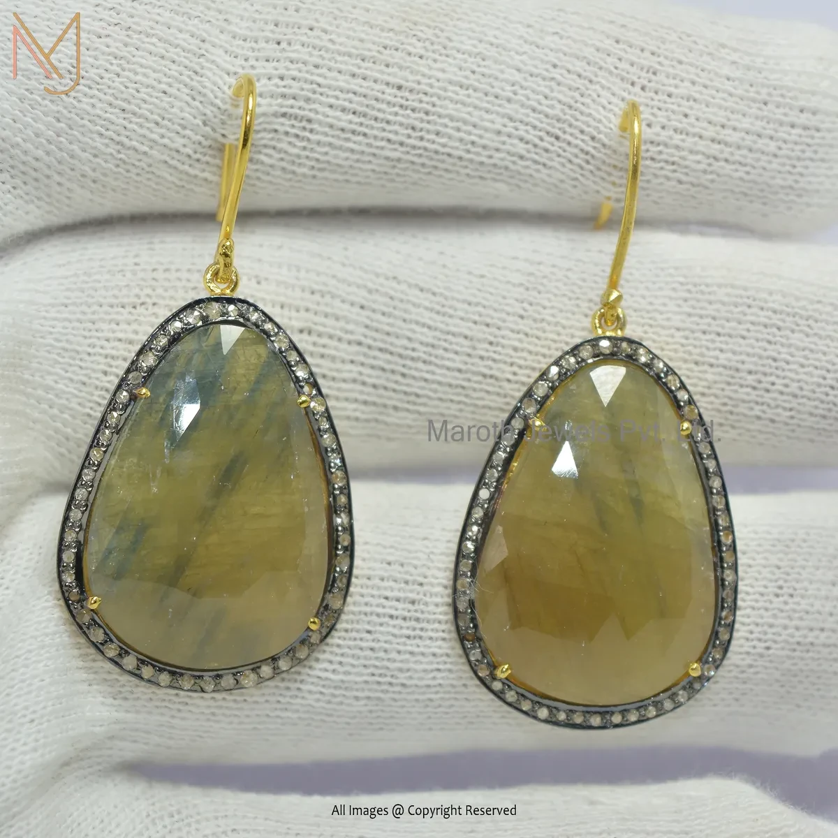 14K Solid Yellow Gold Pave Diamond Yellow Sapphire Gemstone Drop Earring Manufcaturer