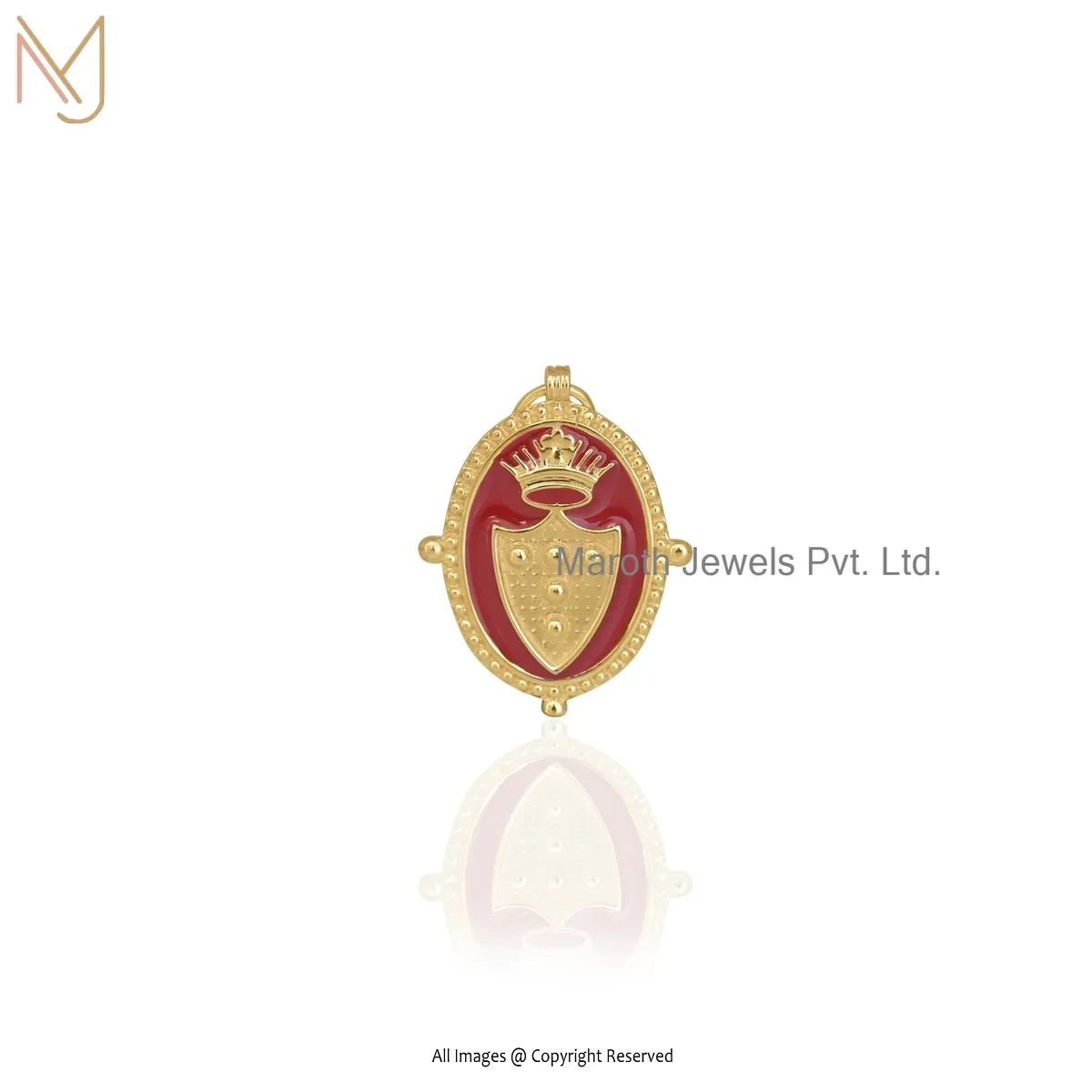 14K Yellow Gold Red Enamel Shield Pendant Jewelry Suppiler