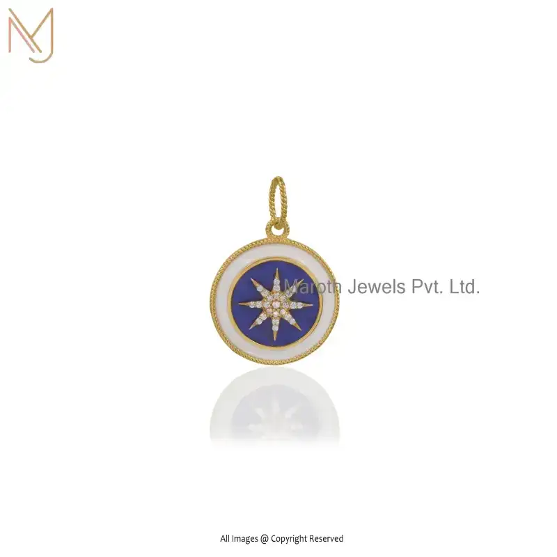 925 Sterling Silver Yellow Gold Plated Lapiz lazuli & CZ White Enamel Compass Star Charm Pendant USA