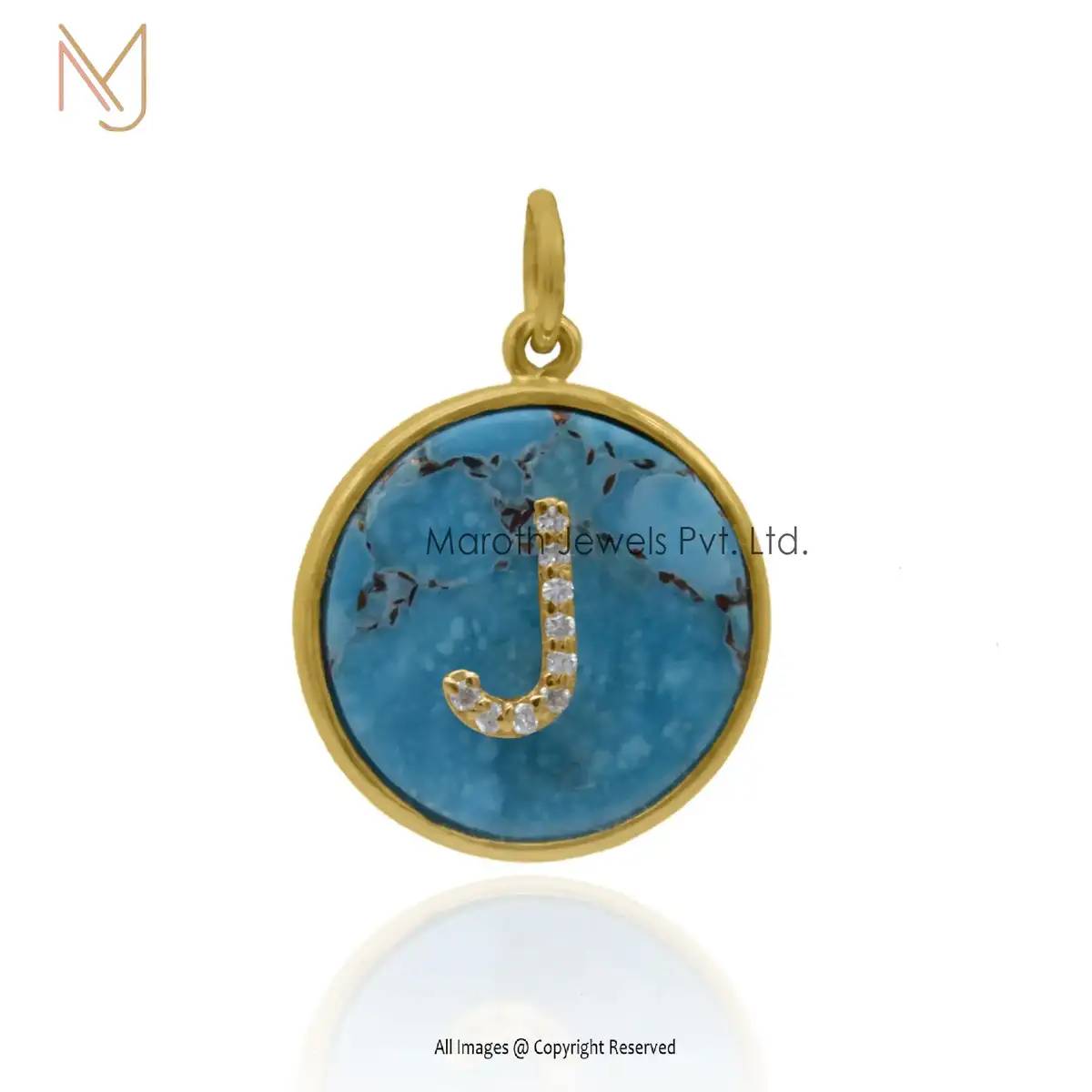 925 Silver Gold Pave Diamond J Initial Turquoise Gemstone Monogram Pendant Manufacturer