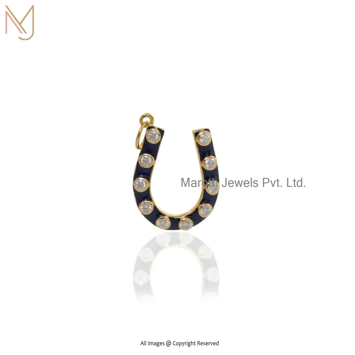 Wholesale 925 Silver Yellow Gold Plated Cubic Zircon & Black Enamel Gemstone Horseshoe Pendant