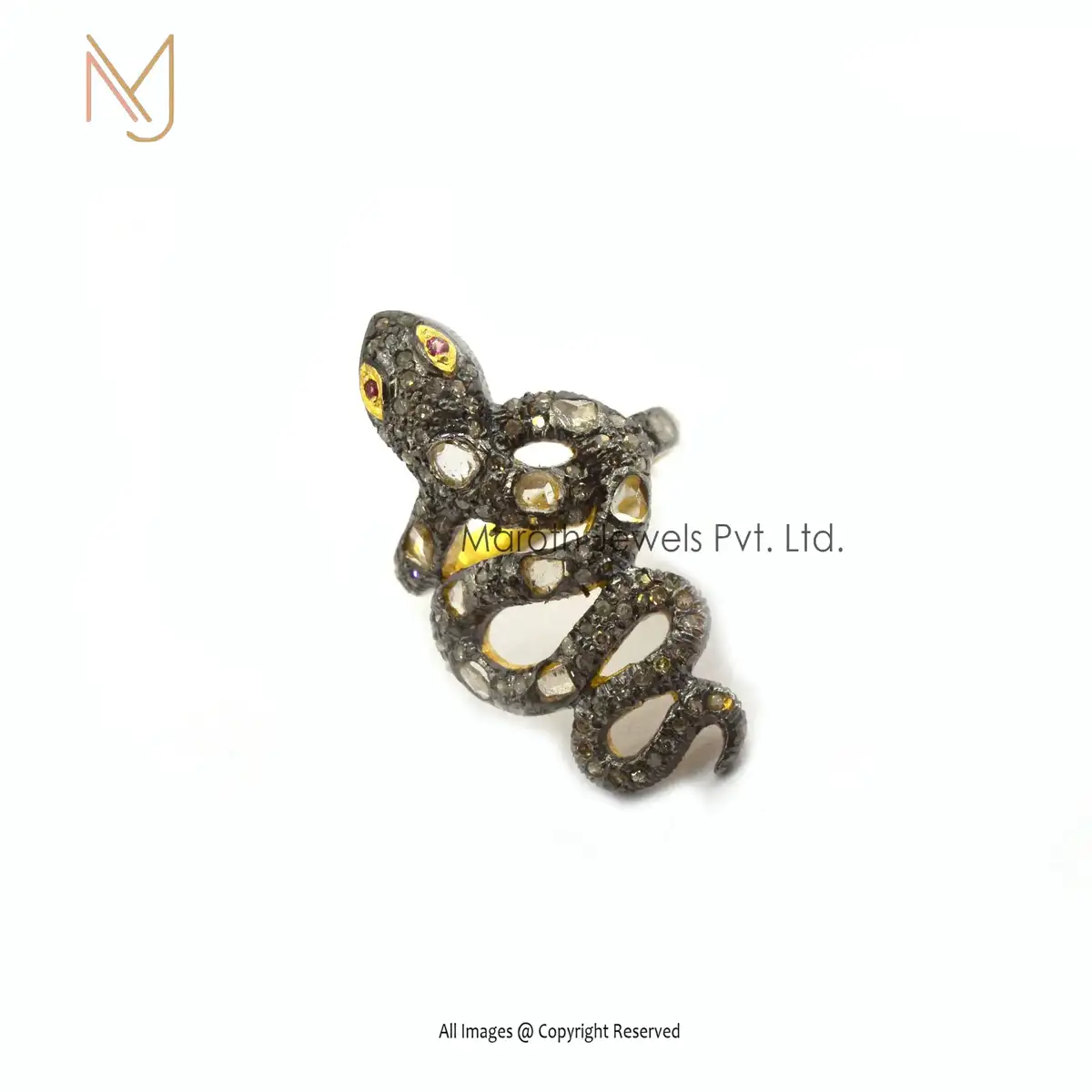 925 Silver Rhodium Yellow Gold Plated Pave Diamond & Rose Cut Diamond & Ruby Gemstone Snake Ring Manufacturer