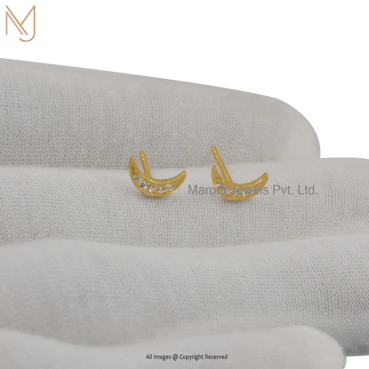 14K Yellow Gold Pave Diamond Crescent Moon Stud Earring Custom Jewelry