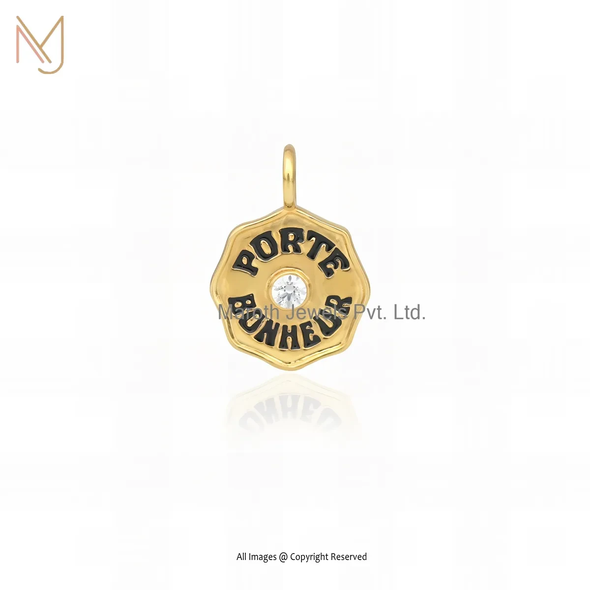 14K Yellow Gold Pave Diamond Cubic Zircon And Black Enamel Marlo Laz Porte Bonheur Pendant USA