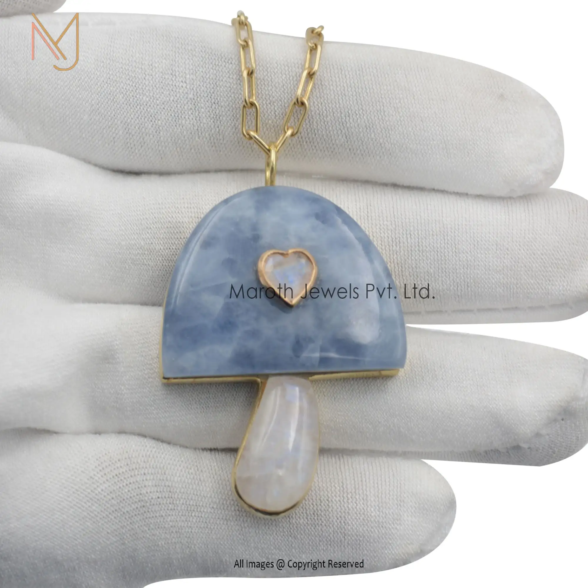 14k Yellow Gold Big Stone Blue Calcite & Small Stone Moonstone & Heart Stone Moonstone Mushroom Pendant Manufacturer