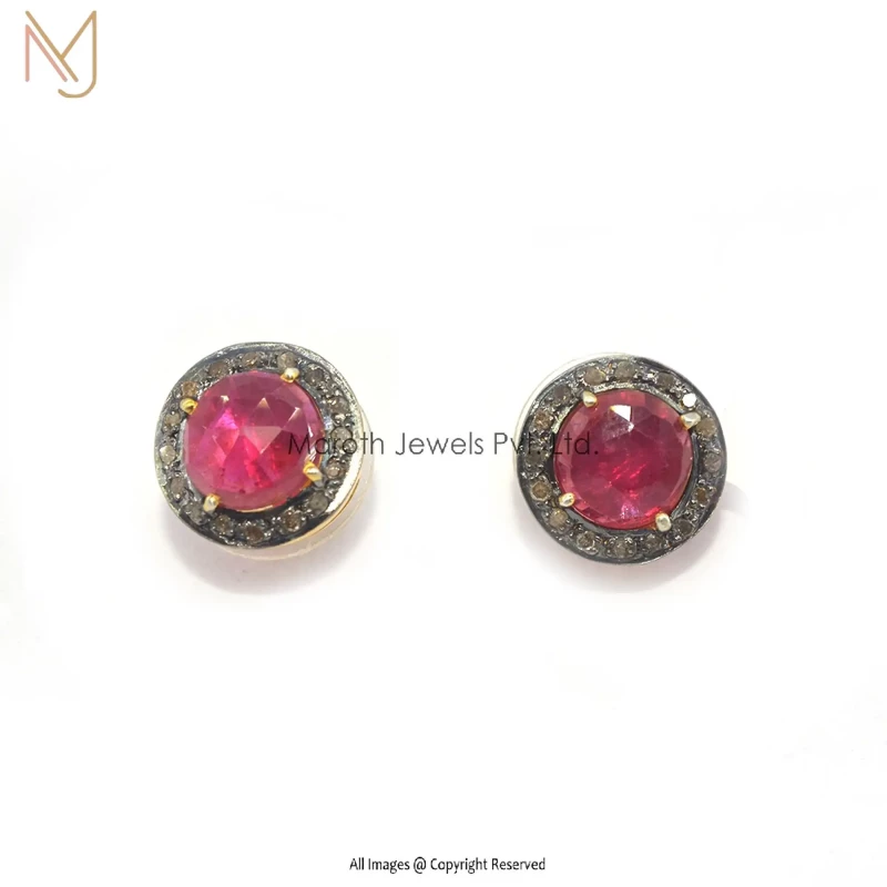 925 Silver Pave Diamond Ruby Gemstone Drop Studs Earrings Jewelry