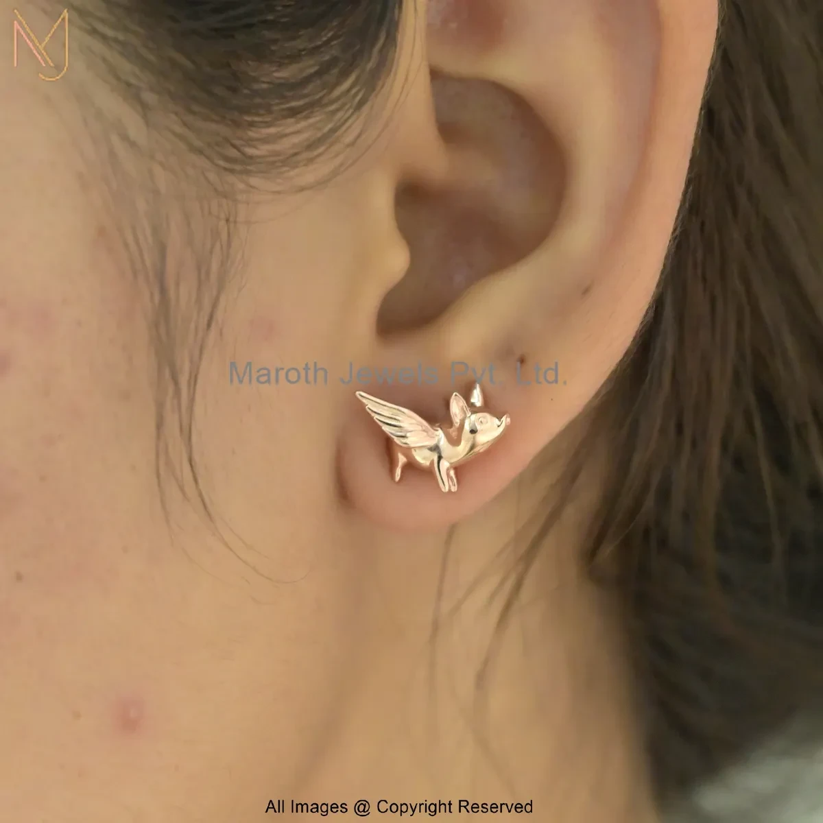 14K Rose Gold Flying Pig Angel Stud Earring Custom Jewelry