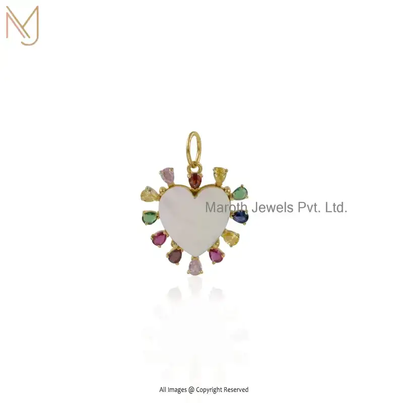 925 Silver Yellow Gold Plated White Agate And Blue Sapphire Heart Gemstone Pendant USA