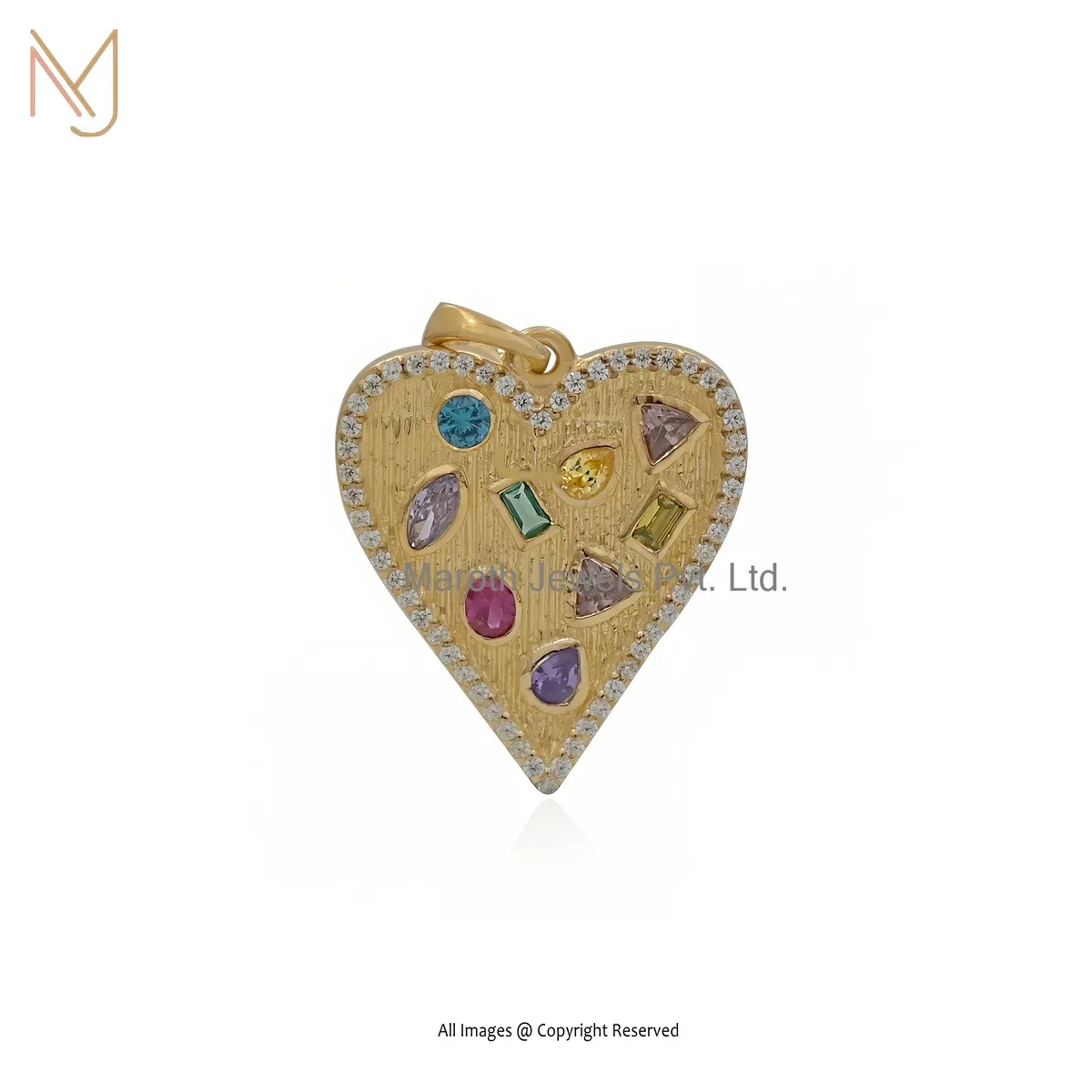 Private Lable 925 Silver Yellow Gold Plated Cubic Zircon Multi Gemstone Heart Pendant