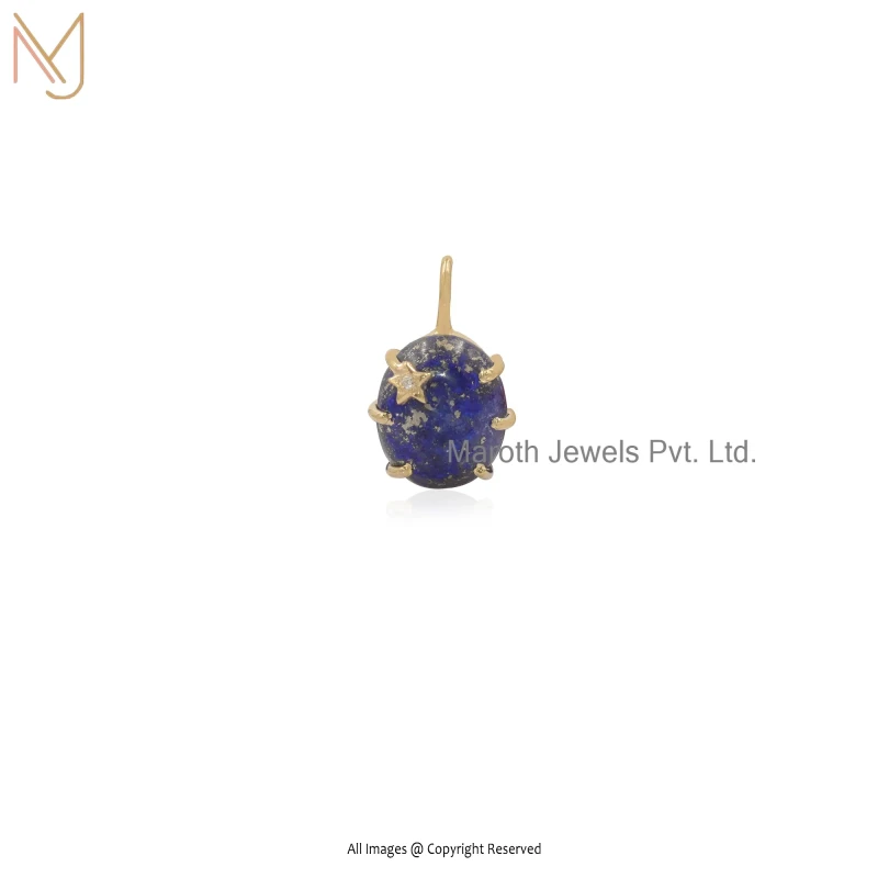 Private Lable 925 Silver Yellow Gold Plated Moissanite & Lapis Lazuli Toned Oval Star Pendant