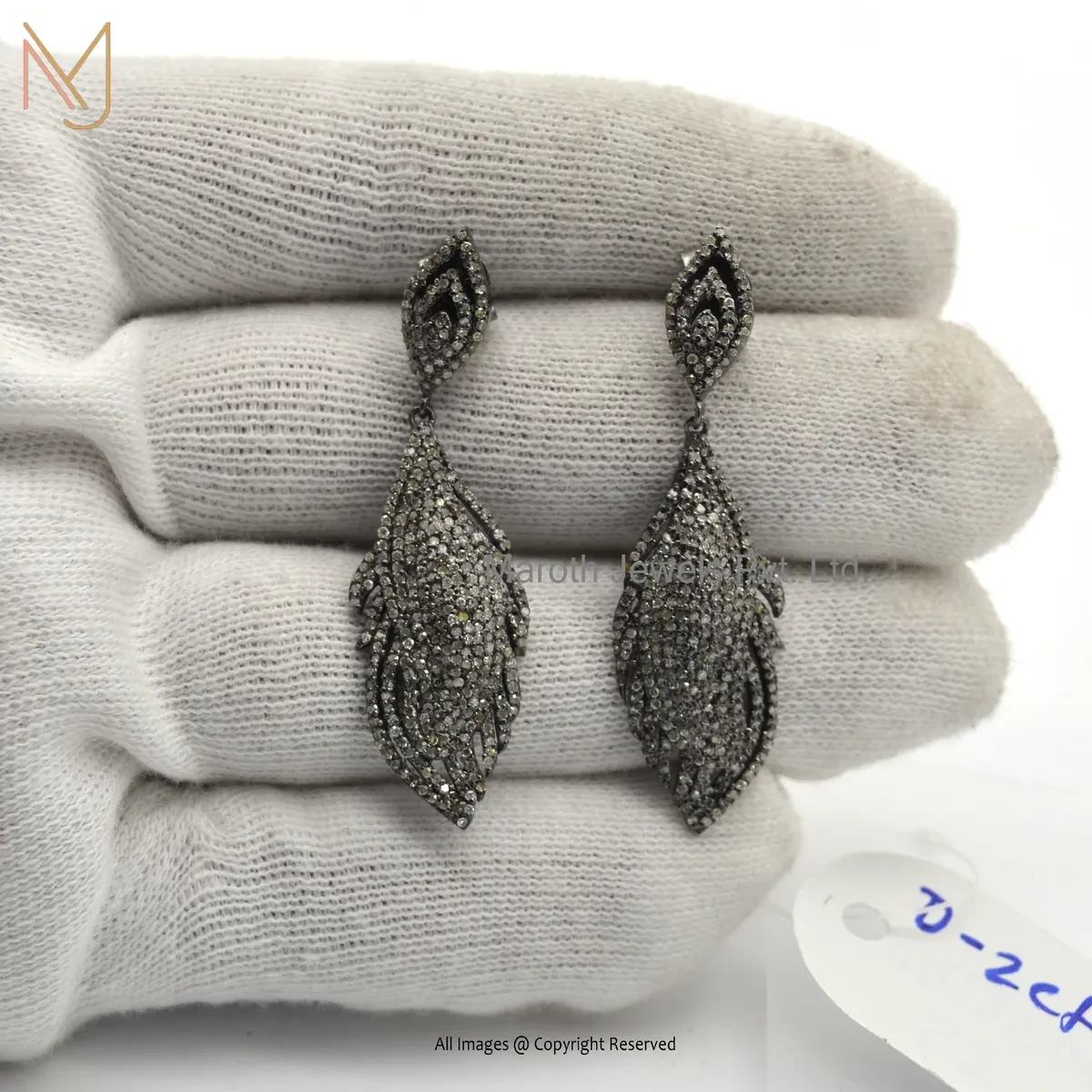14K White Gold Pave Damond Leaf Feather Genuine Earring Jewelry Supplier