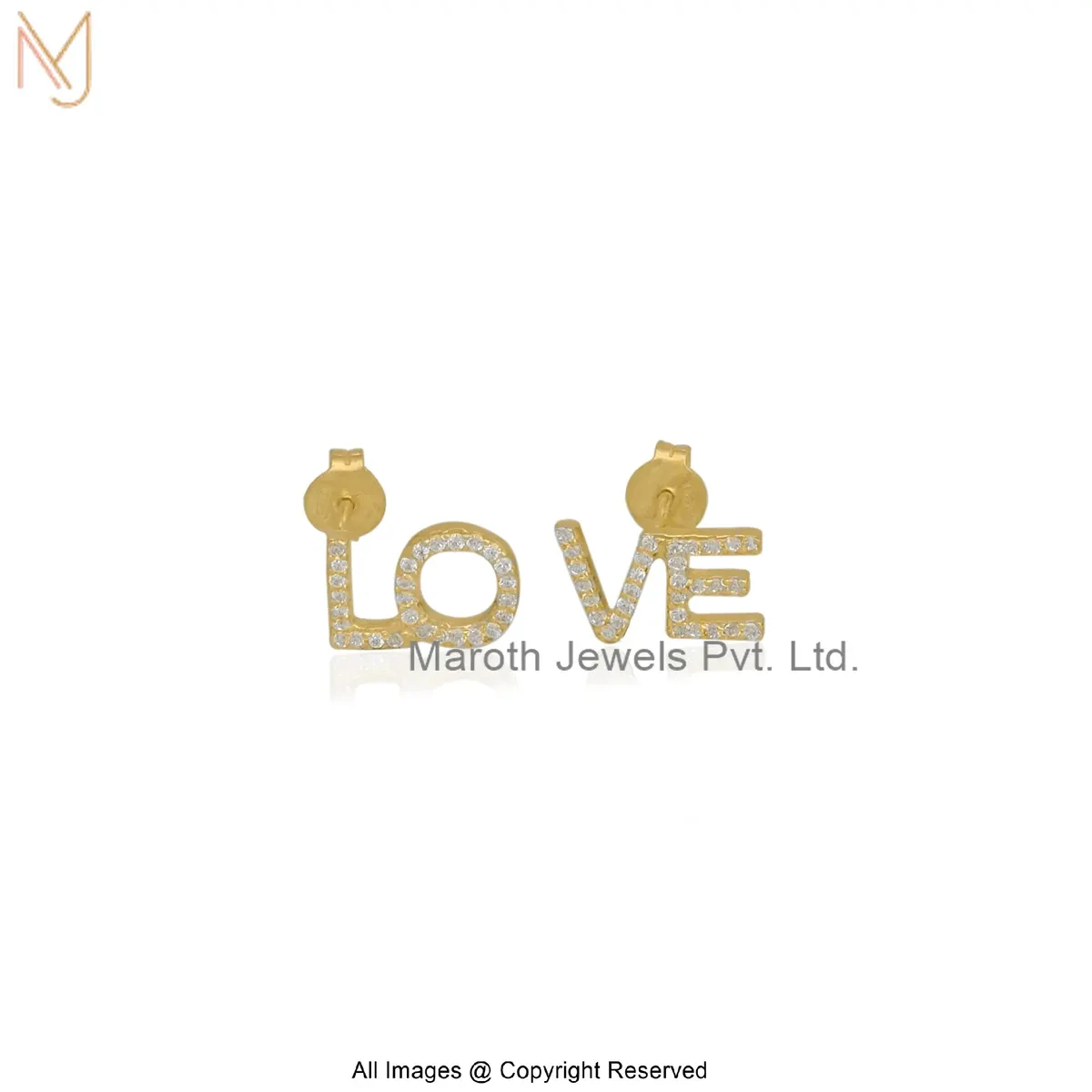 14K Yellow Gold Cubic Zircon Diamond " LOVE " Stud Earring Custom Jewelry