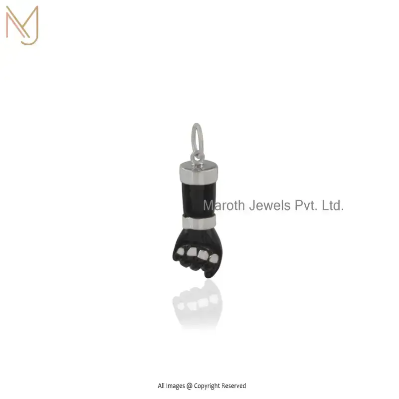 Private Lable 925 Sterling Silver Natural Silver Plated Black Onyx Small Figa Charm Pendant
