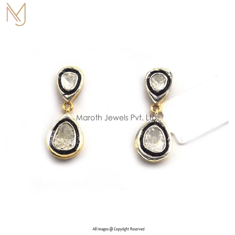 925 Silver Yellow Gold Rhodium Plated Natural Silver Rose Cut Diamond Drop Earrings