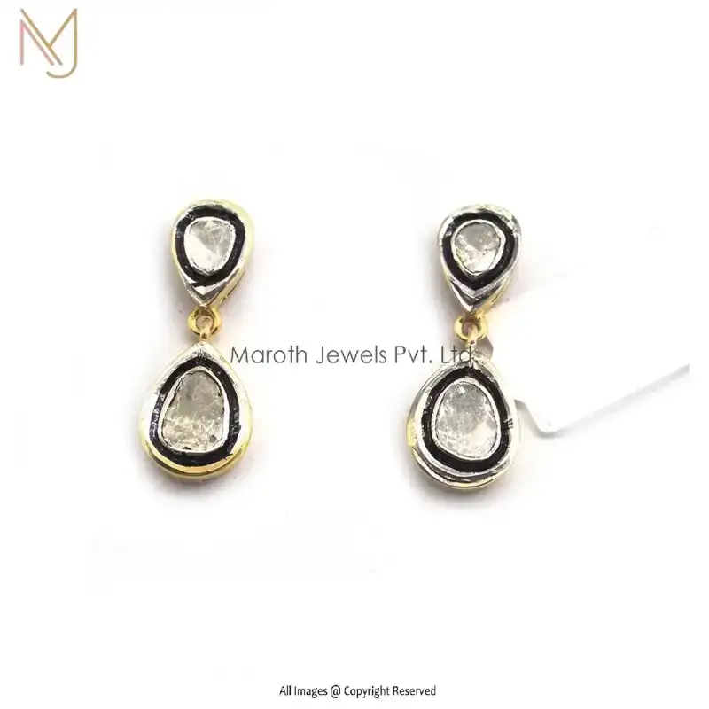 925 Silver Yellow Gold Rhodium Plated Natural Silver Rose Cut Diamond Drop Earrings Manufacturer