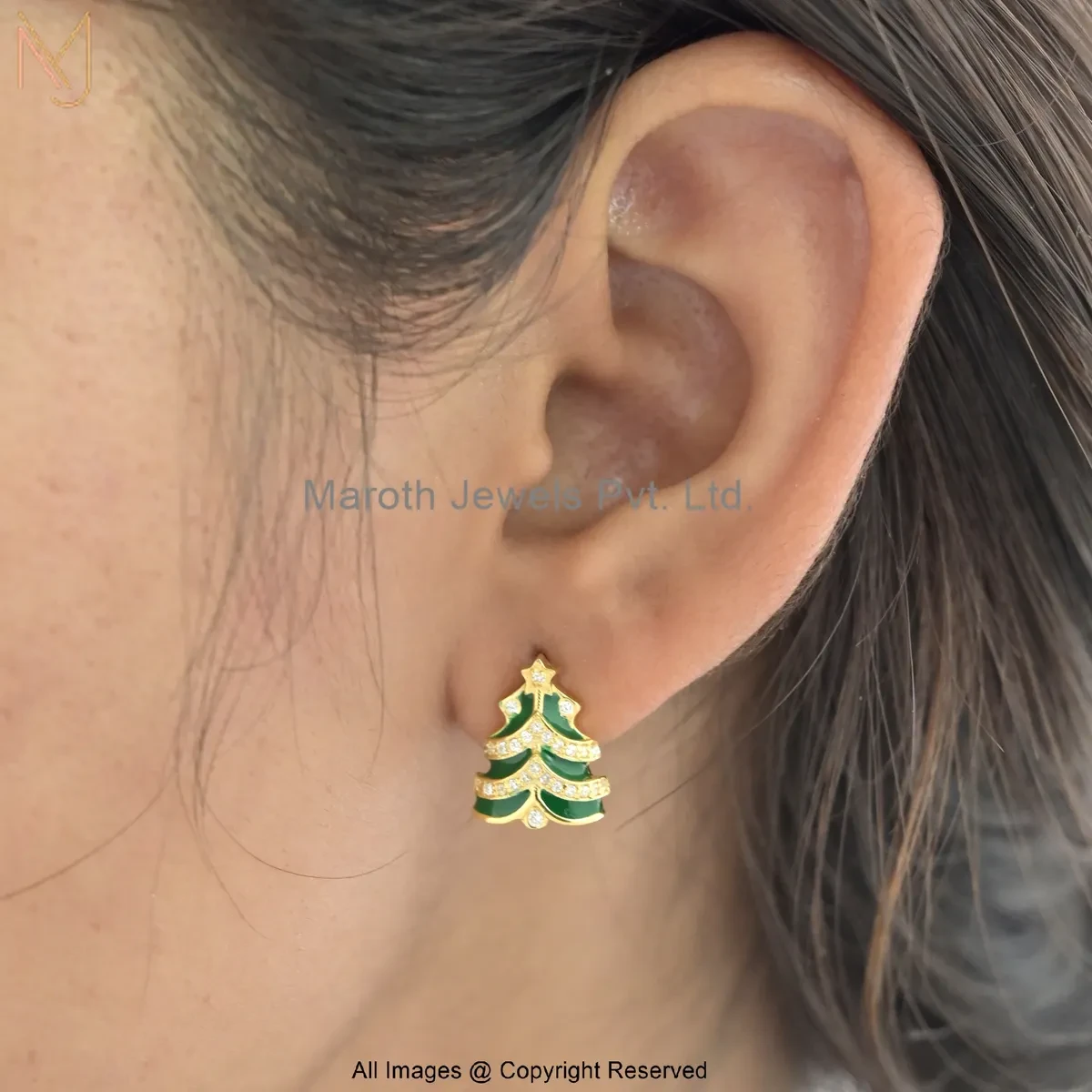 Private Lable 14K Yellow Gold Cubic Zircon Green Enamel Christmas Tree Stud Earrings