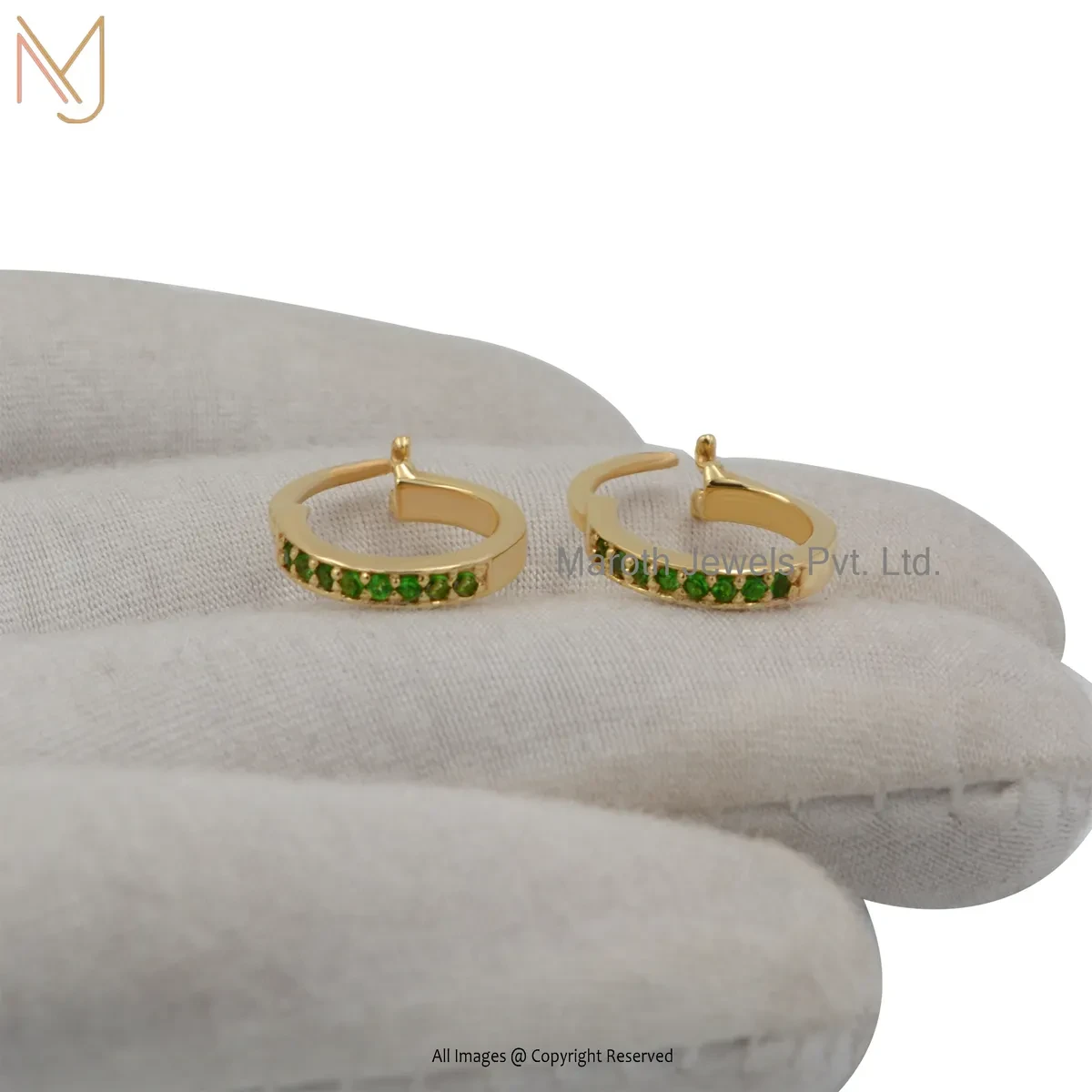 925 Silver Yellow Gold Plated Pave Tsavorite Gemstone Huggies Hoop Earring Custom Jewelry