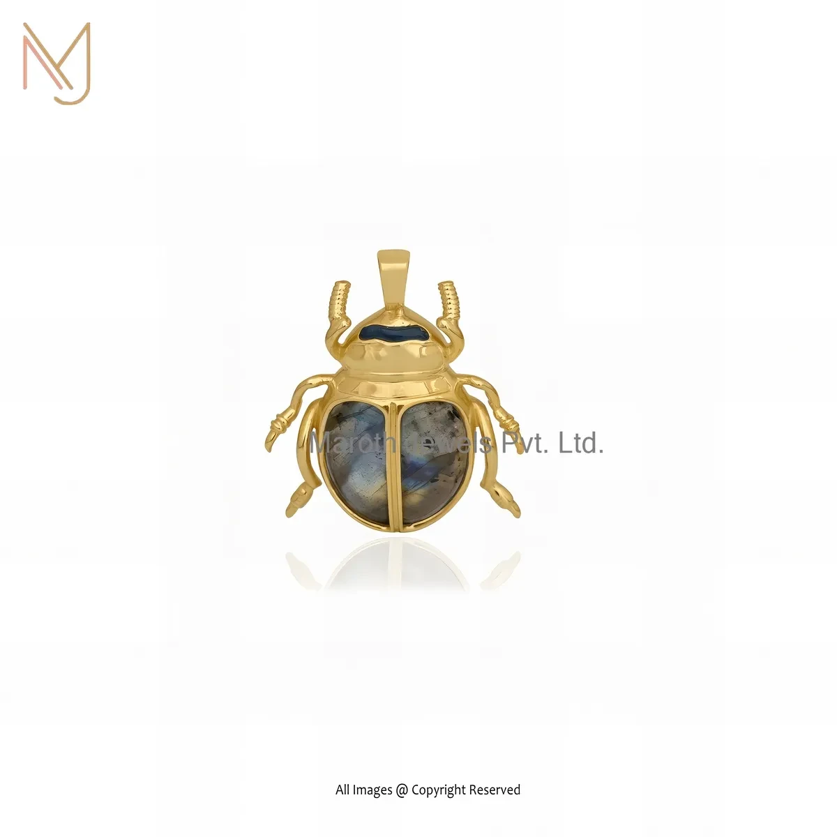 925 Silver Yellow Gold Plated Labradorite Gemstone Scarab Pendant Custom Jewelry