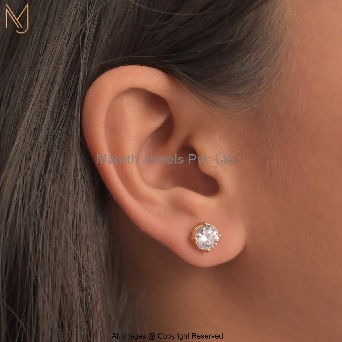14K Yellow Gold Cubic Zircon Round Brilliant Diamond Stud Earring Custom Jewelry