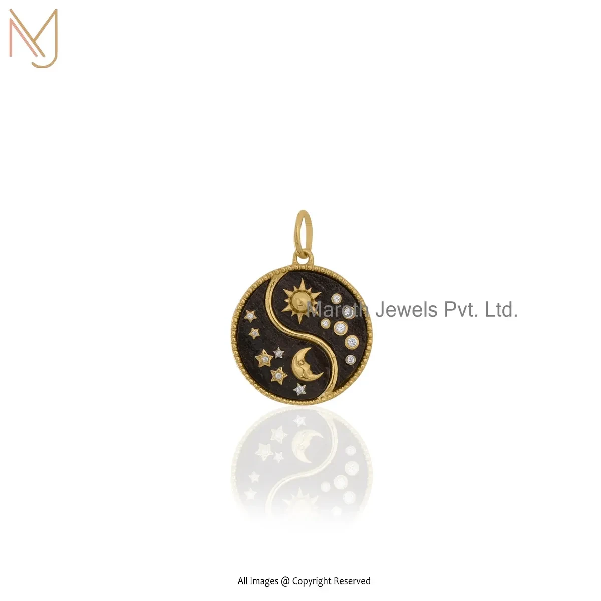 925 Silver Yellow Gold Plated Cubic Zircon & Black Onyx Gemstone Sun Moon Star Disc Charm Pendant USA