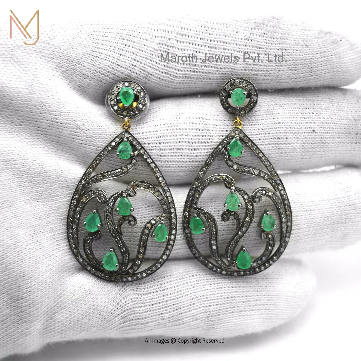 Wholesale 14K Yellow Gold Pave Diamond Emerald Gemstone Drop Earring