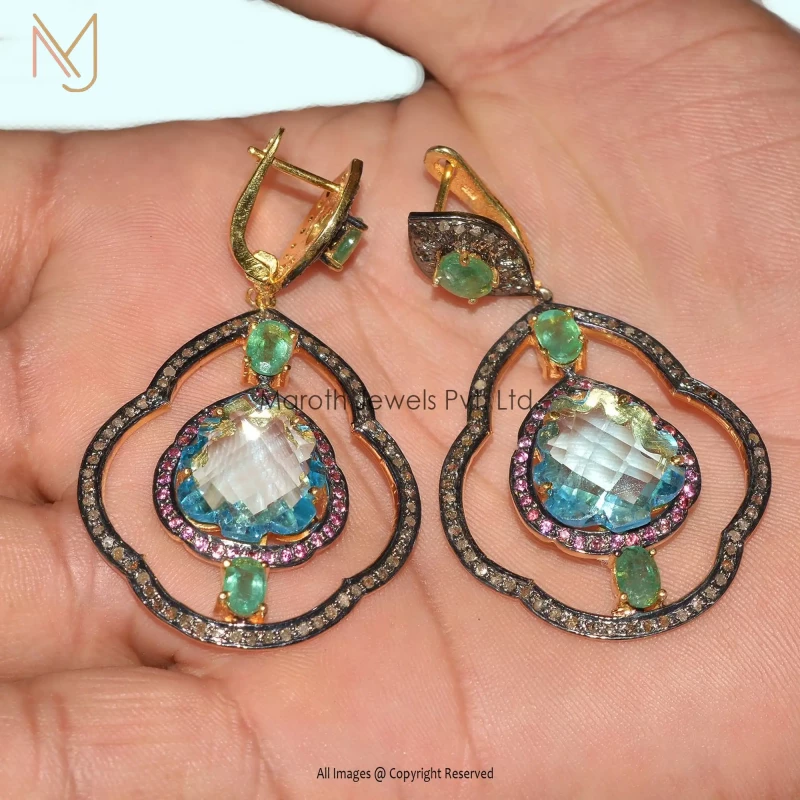 925 Silver Pave Diamond Ruby And Emerald, Blue Topaz Gemstone Drop Earring