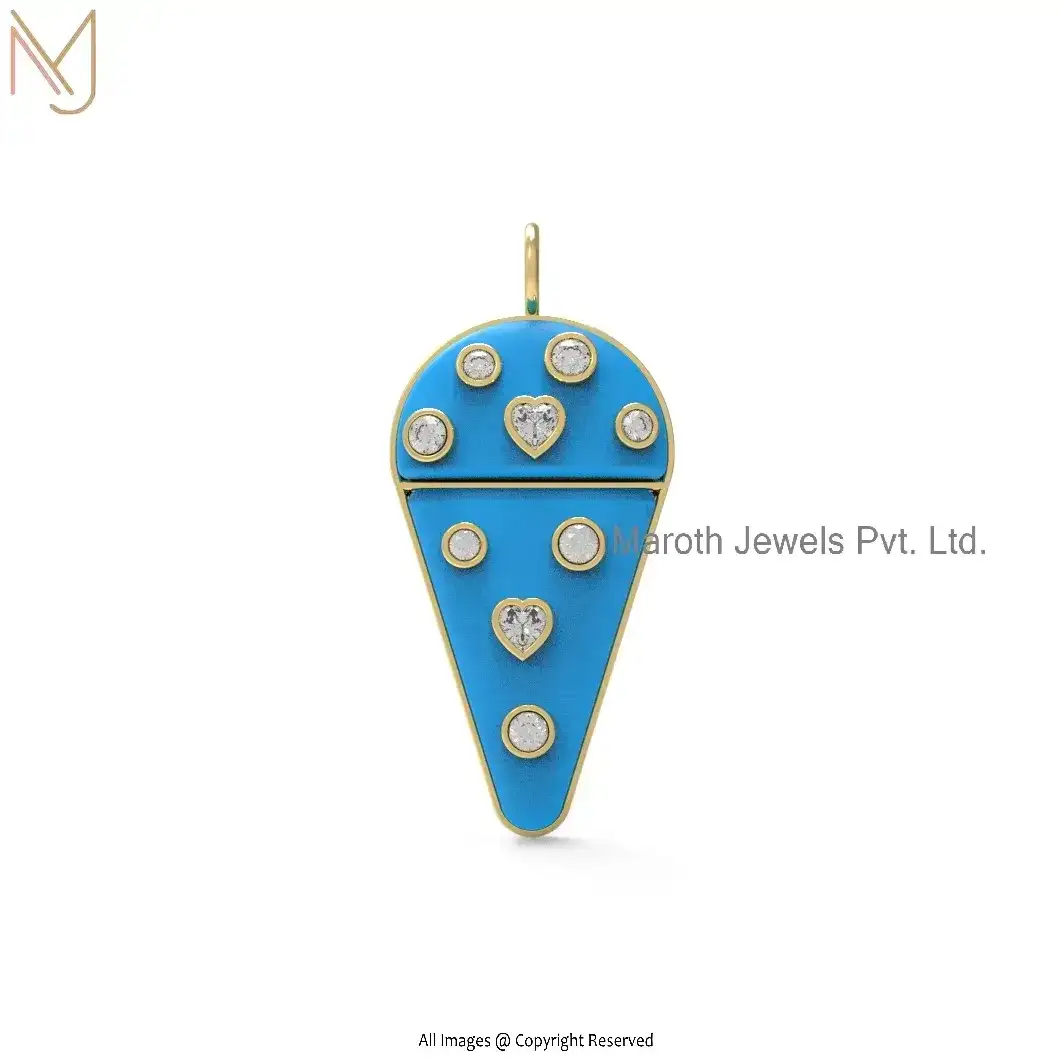 925 Silver Yellow Gold Plated Cubic Zircon Turquoise Gemstone Icecream Cone Pendant USA