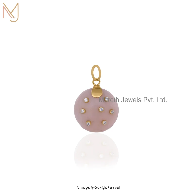 14K Yellow Gold Pink Opal And Pink Cubic Zircon Round Pendant Manufacturer