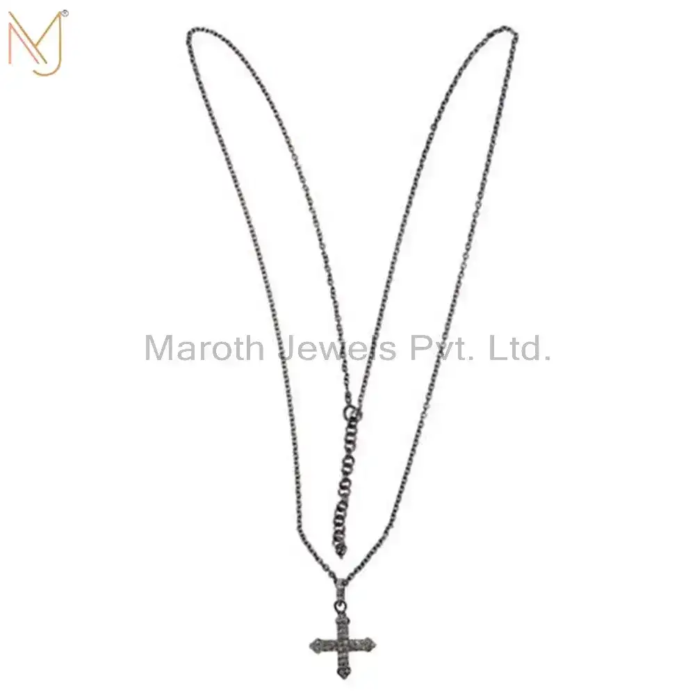 925 Silver Natural Silver Diamond Pave Cross Pendant Religious Necklace Jewelry USA