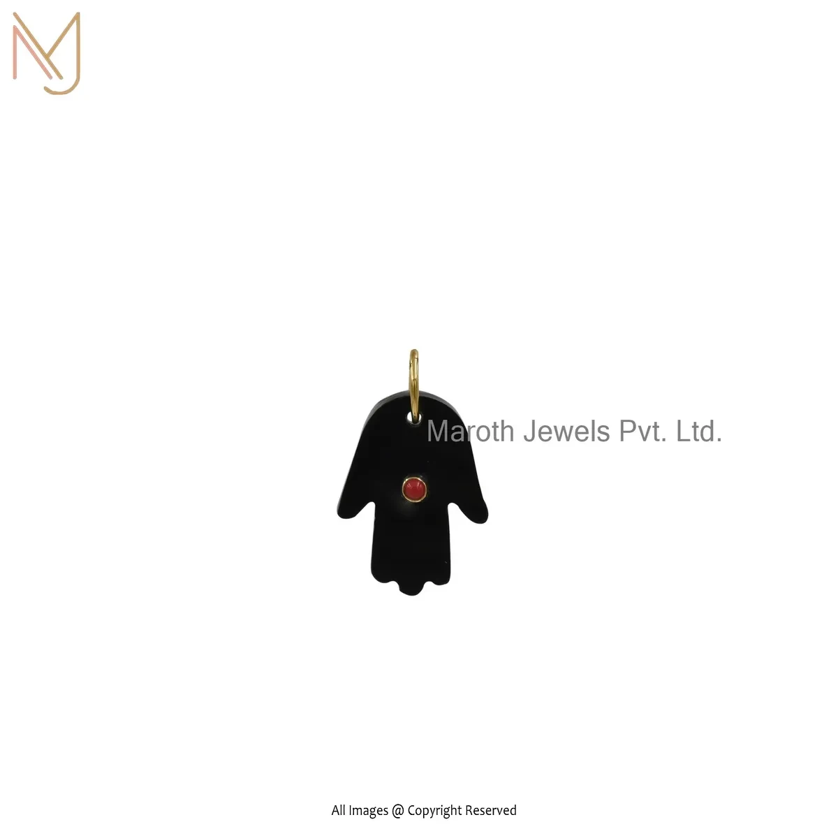 Wholesale 14K Yellow Gold Black Onyx & Red Coral Gemstone Hamsa Pendant