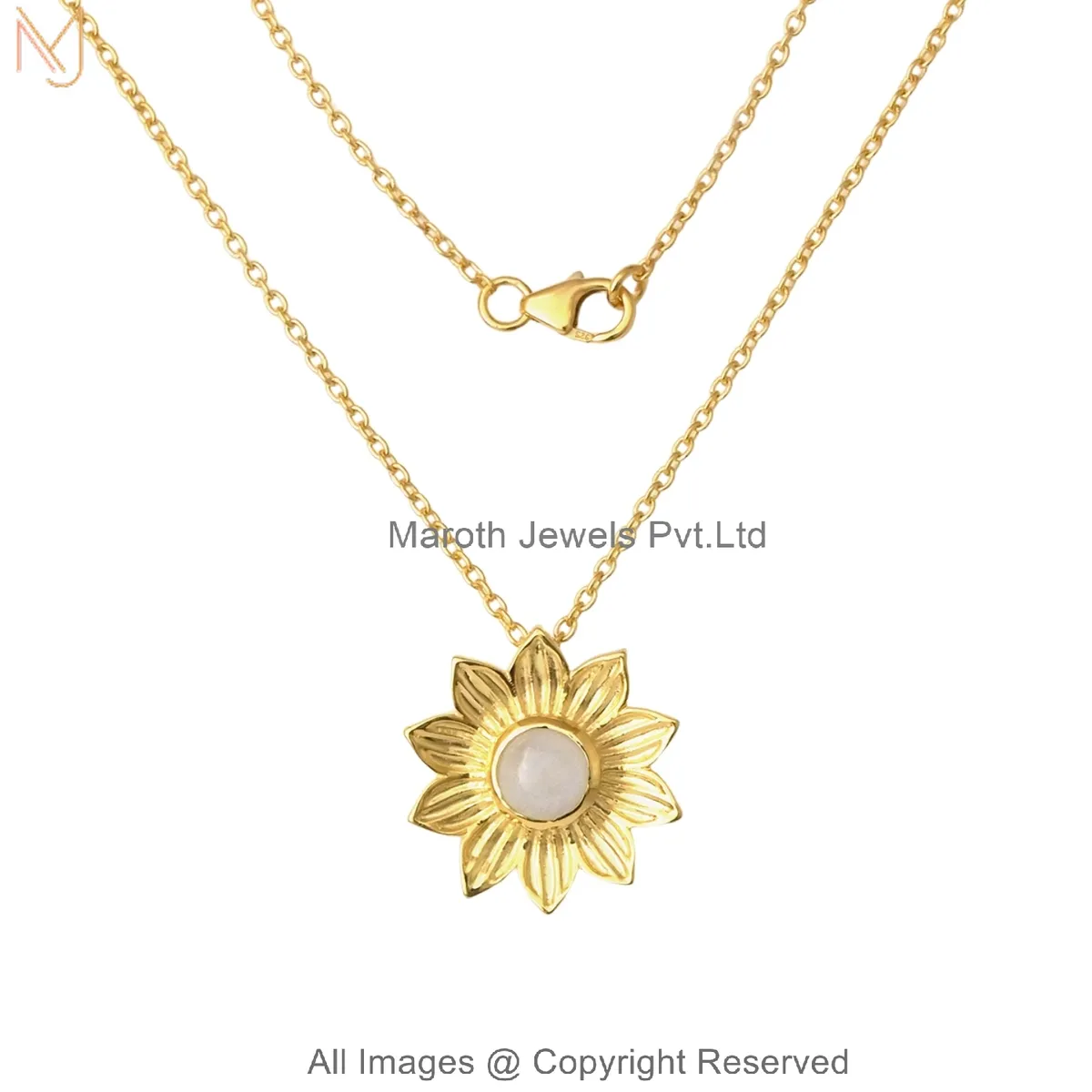 925 Silver Yellow Gold Plated Moonstone Golden Bloom Pendant Necklace Jewelry Manufacturer