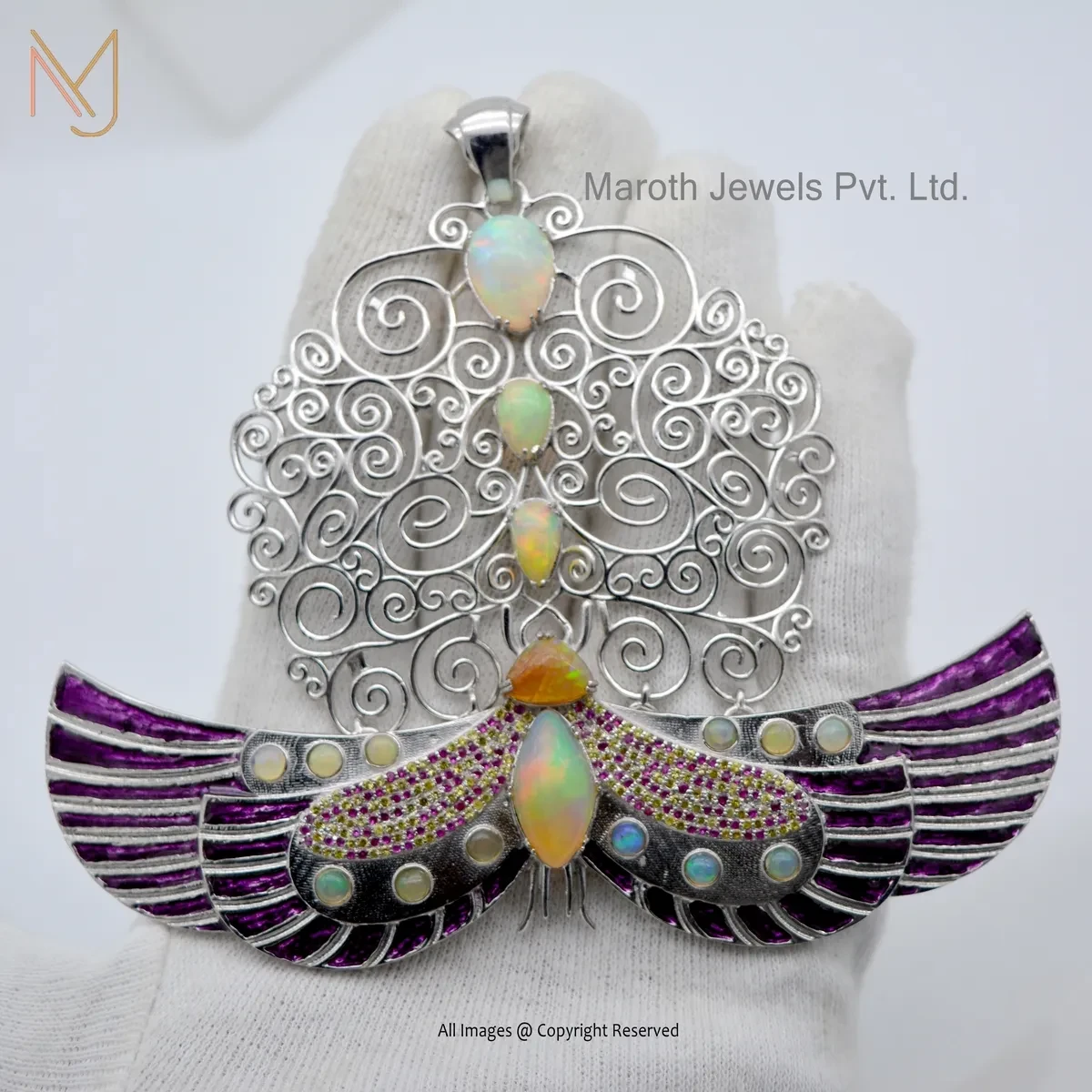 Wholesale 14K Yellow Gold Pink Sapphire And Opal Gemstone Brooch Butterfly Pendant