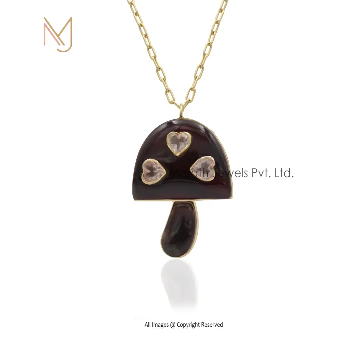 14K Yellow Gold Smoky Quartz & Pink Marganite Heart Stone Mushroom Pendant Manufacturer