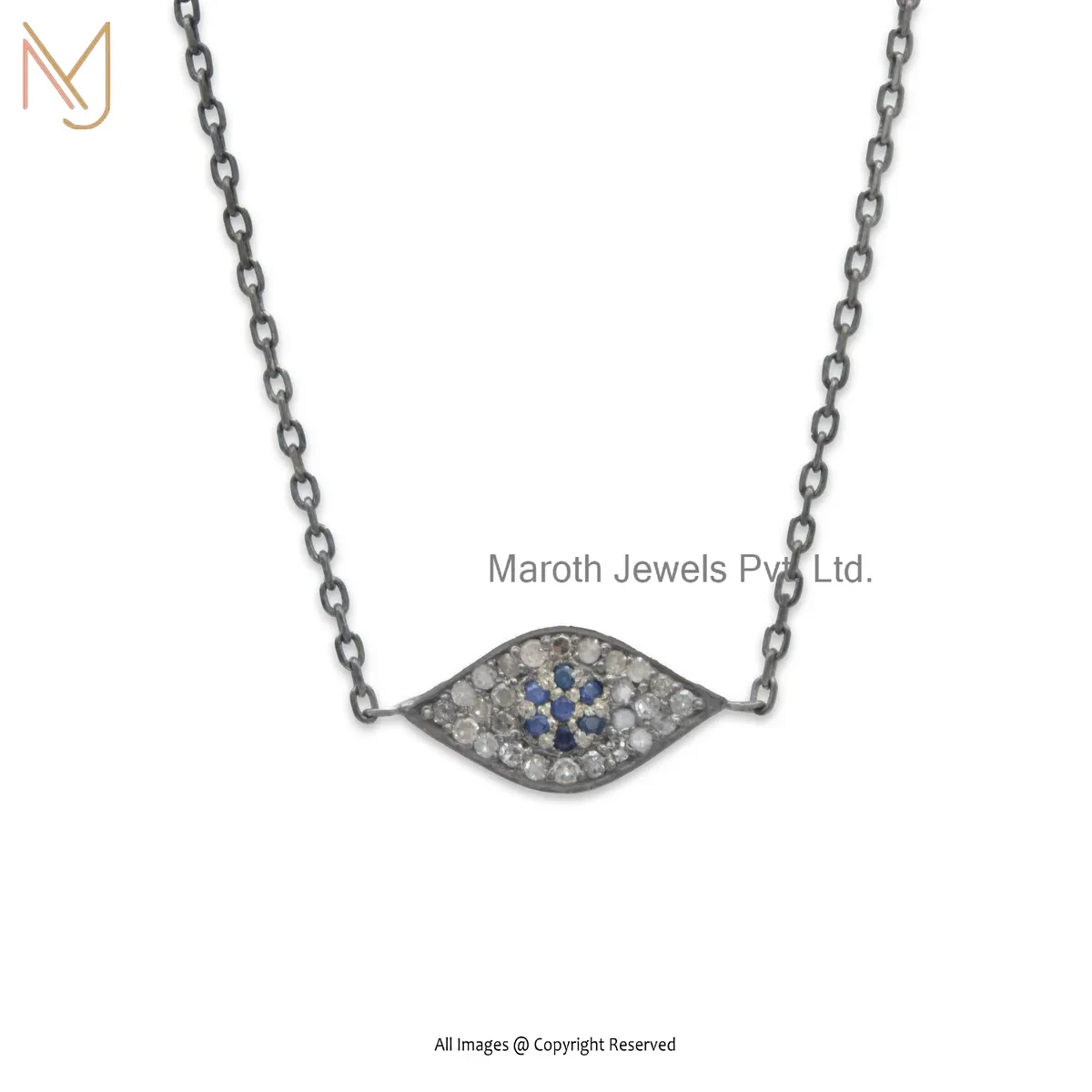 Wholesale 14K White Gold Diamond Blue Sapphire Evil Eye Chain Necklace Jewelry