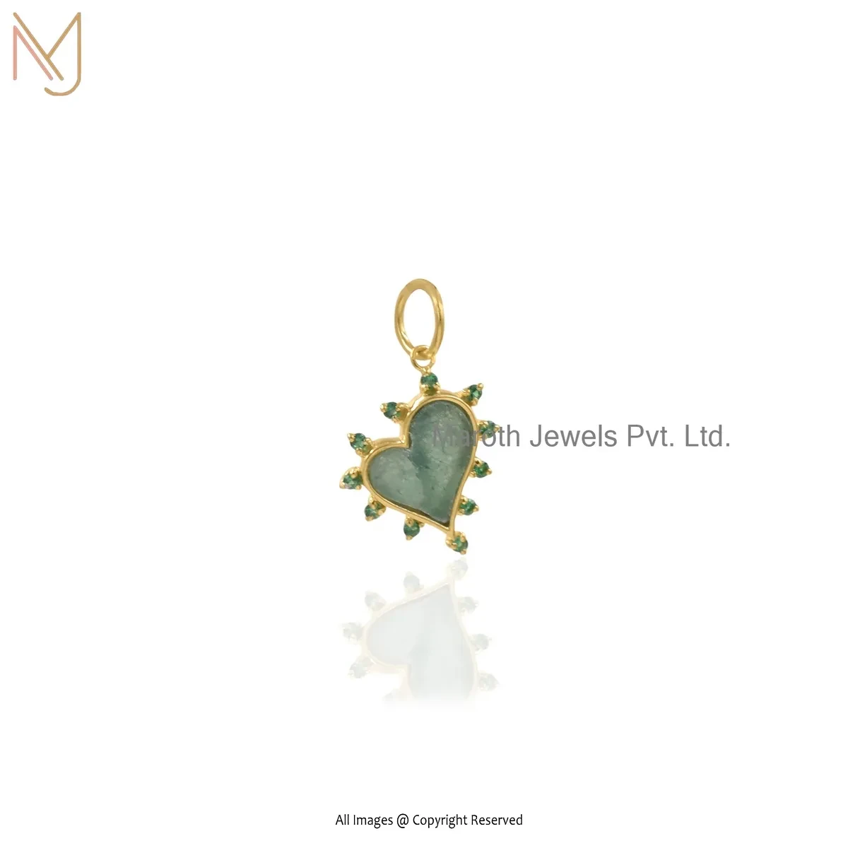 14K Yellow Gold Green Adventurine And Green Cubic Zircon Heart Pendant USA