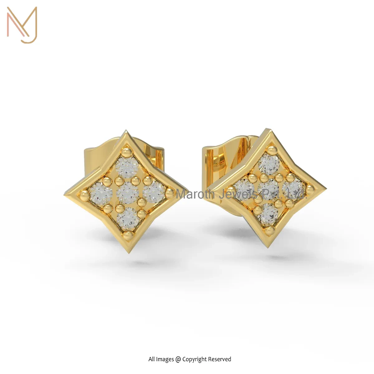 14K Yellow Gold Diamond Square Stud Earring Jewelry Supplier