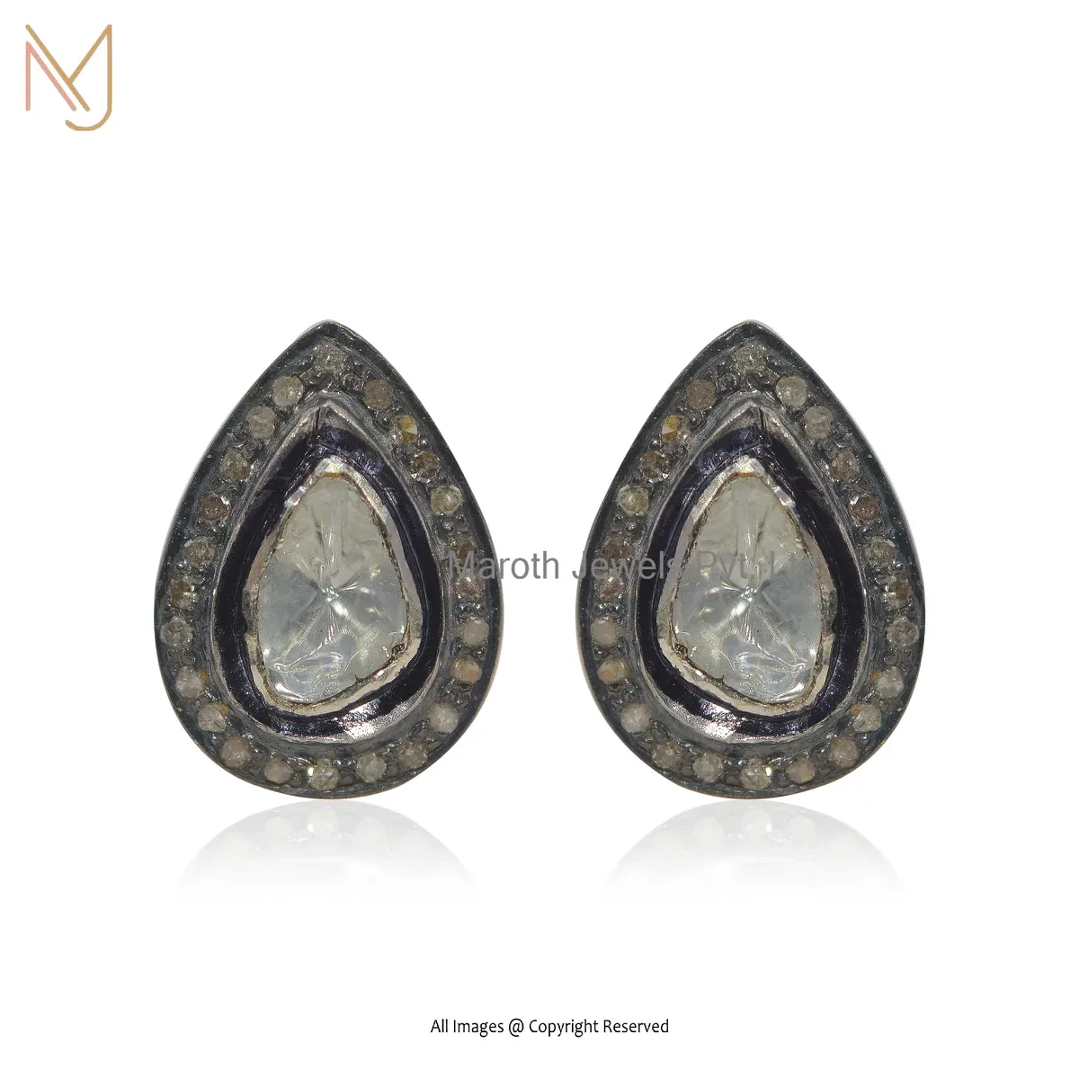 Wholesale 14K Yellow Gold Pave Diamond & Polki Rose Cut Diamond Stud Earring