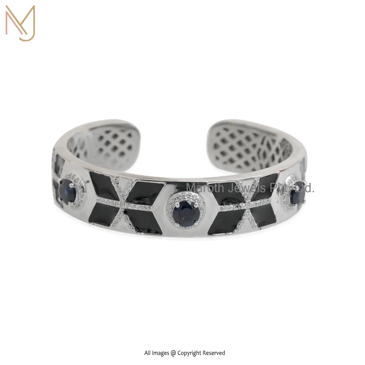 925 Sterling Silver White Gold Plated Diamond And Cubic Zircon & Black Onyx Gemstone Bangle Jewelry Supplier