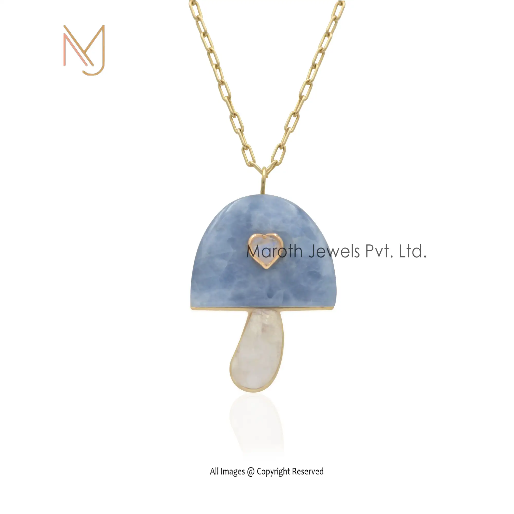 Private Lable 925 Silver Yellow Gold Big Stone Blue Calcite & Small Stone Moonstone & Heart Stone Moonstone Mushroom Pendant