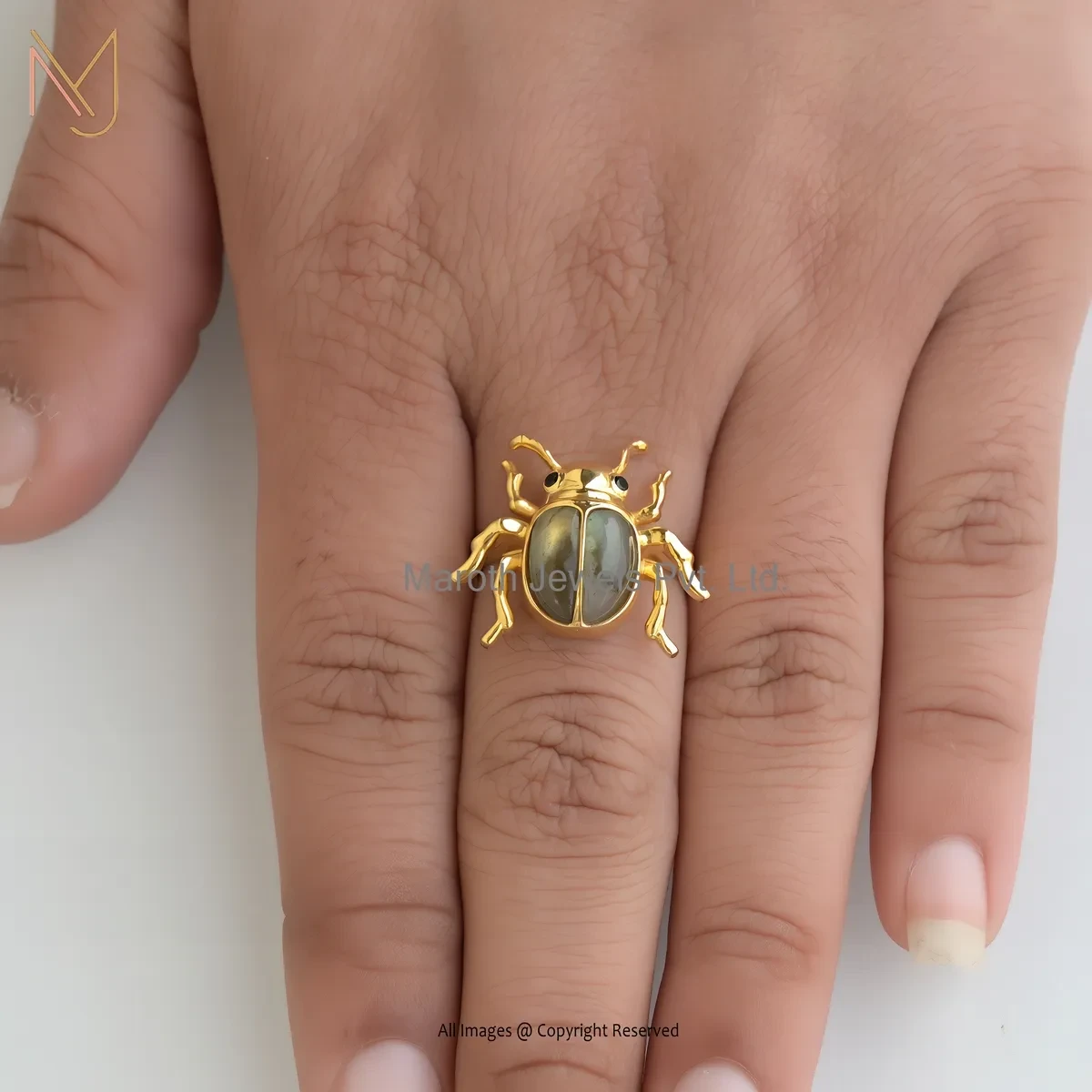 14K Yellow Gold Labradorite And Black Spinel Gemstone Scarab Ring USA