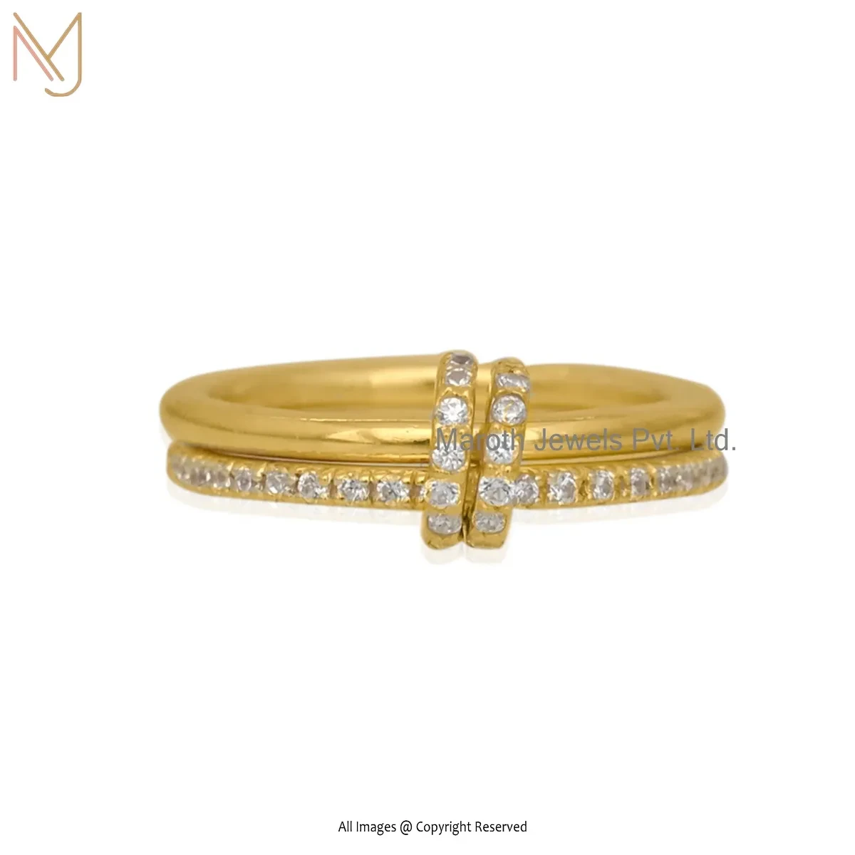 Private Lable 925 Sterling Silver Yellow Gold Plated White CZ Connector Ring