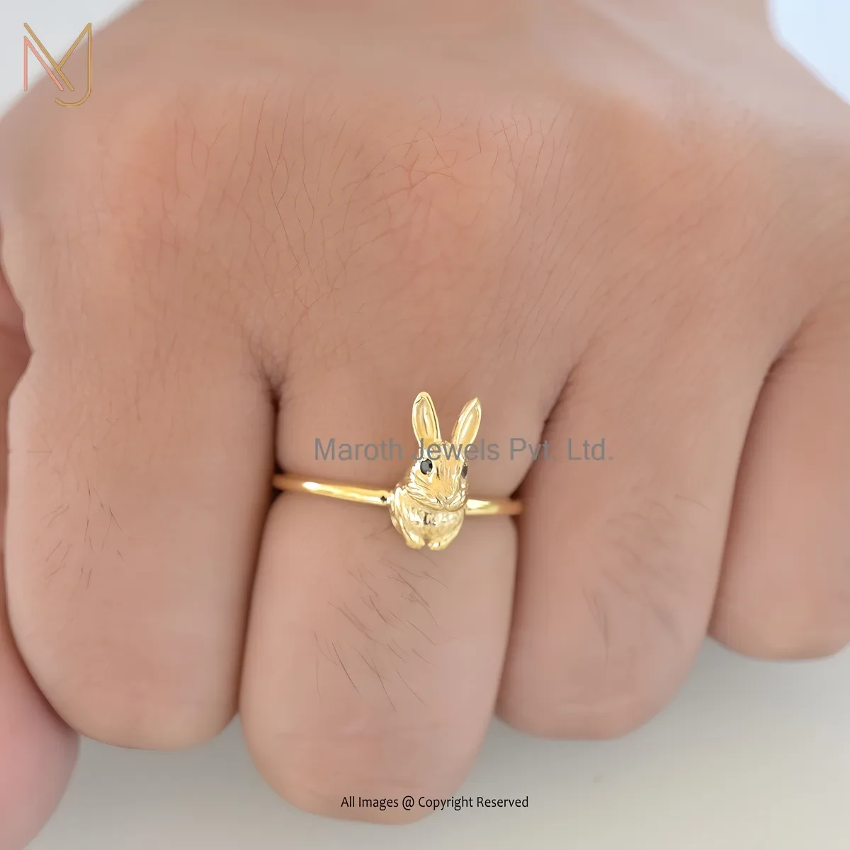 14K Yellow Gold Black Cubic Zircon Rabbit Ring Manufcaturer