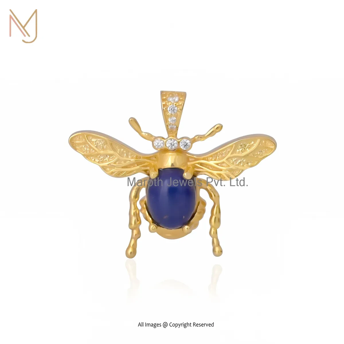 Private Lable 14K Yellow Gold Lapiz Lazuli And Cubic Zircon Honey Bee Pendant