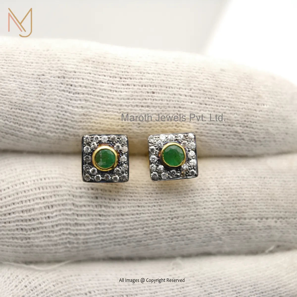 Wholesale 14K Yellow Gold Pave Diamond Square Shape Emerald Gemstone Stud Earring